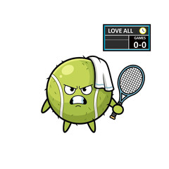 Angry Tennis Ball Cartoon Character with Racket and Scoreboard Illustration