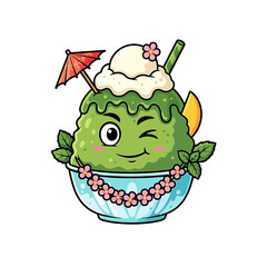 Winking Green Shaved Ice Character with Umbrella Flower and Mint Garnish