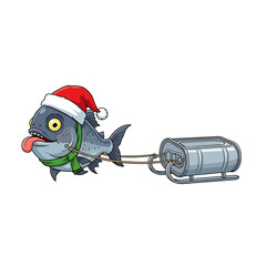Cartoon Fish Wearing Santa Hat Pulling Sled with Tongue Sticking Out