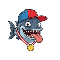 Cartoon Fish with Baseball Cap Medal and Tongue Sticking Out