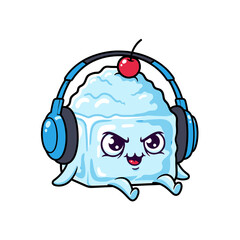 Cartoon Ice Cube Character with Headphones and Cherry Topping Illustration