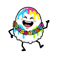 Cartoon Shave Ice Character with Lei Dripping Colorful Syrup and Smiling