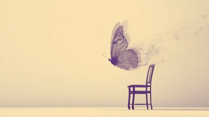 Artistic representation of a butterfly fading away from a chair against neutral backdrop