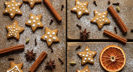 Star shaped gingerbread cookies with spices on wooden boards