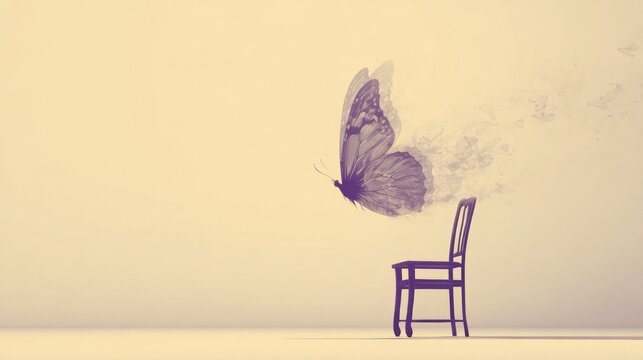 Artistic representation of a butterfly fading away from a chair against neutral backdrop