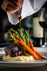 Chef garnishing a gourmet dish with carrots, rosemary, and a rich sauce drizzle