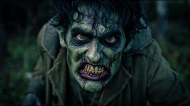 A close up view of a terrifying and grotesque zombie with menacing expression, bloodied features, and undead appearance; cinematic horror shot capturing a spooky and nightmarish atmosphere