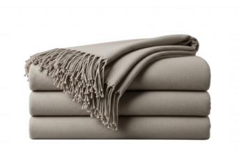 Folded beige blankets with fringe isolated on a transparent background