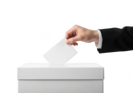 Hand casting ballot into white box isolated on a transparent background