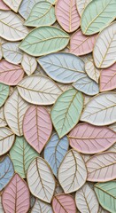 A textured wall covered in a mosaic of pastelcolored leaves with delicate gold outlines, creating a charming and whimsical backdrop for a spring or naturethemed design
