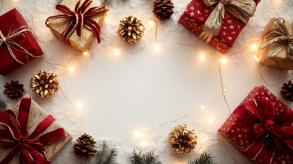 Festive christmas presents and pine cones arranged on a white surface with fairy lights