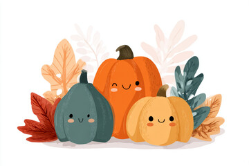 Three adorable pumpkins with smiling faces isolated on white background surrounded by leaves