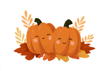 Two cute pumpkins with smiling faces isolated on white background surrounded by leaves
