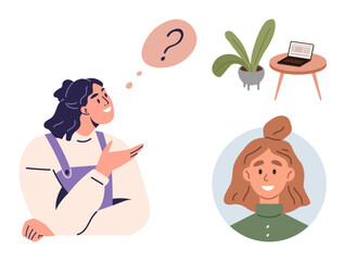 Woman pondering with question icon, profile picture of another woman, potted plant, and laptop on round table. Ideal for brainstorming, communication, problem-solving, decision-making, education