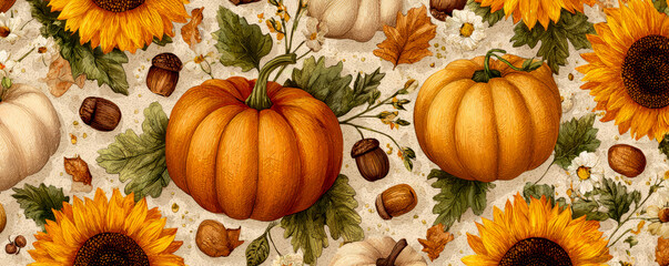 Autumnal abundance a vibrant tapestry of pumpkins, sunflowers, and acorns on a white backdrop