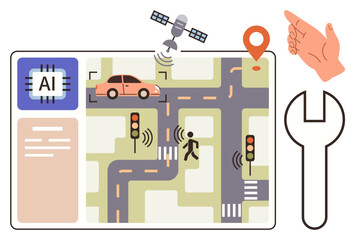 AI interface, smart car, pedestrian crossing, traffic lights, satellite, map marker, wrench, and a hand gesture. Ideal for transportation technology automotive city planning navigation safety