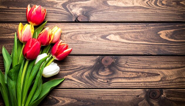 Red and white tulips on a wooden surface