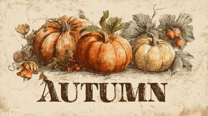A rustic autumn harvest display featuring pumpkins and foliage on a textured background