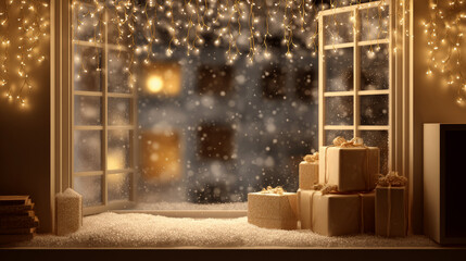 A cozy christmas window view with gifts and snow falling outside in a warm atmosphere