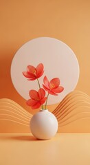 Three delicate coralcolored flowers in a white vase, set against a soft peachcolored backdrop with abstract wavy elements