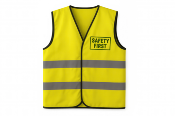 Yellow high visibility safety vest with reflective strips and safety first text on transparent background