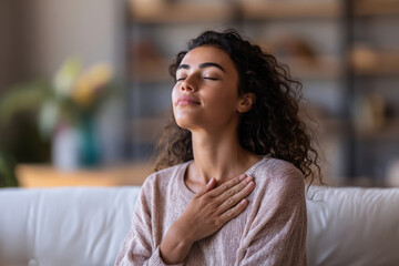 Serene woman with closed eyes practices selfcare and gratitude at home on the sofa