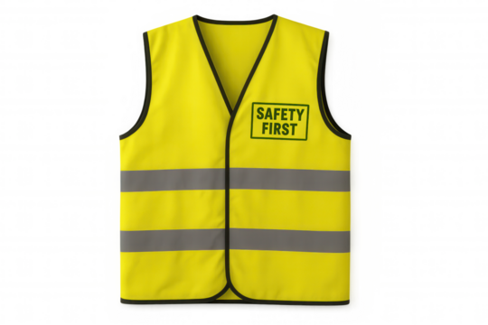 Yellow high visibility safety vest with reflective strips and safety first text on transparent background