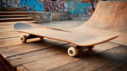 Close-up of Skateboard on Wooden Ramp at Urban Skate Park