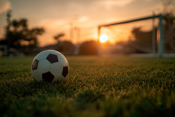 A soccer ball sits on the grass with a goal in the background during sunset time