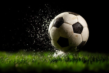 A soccer ball soars through the air, surrounded by a spray of water droplets on grass