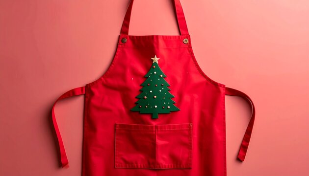 Red apron with Christmas tree ornament