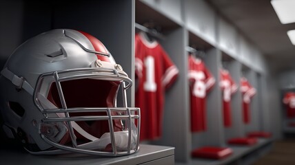 Football Gear in Locker Room Setting with Helmets and Jerseys