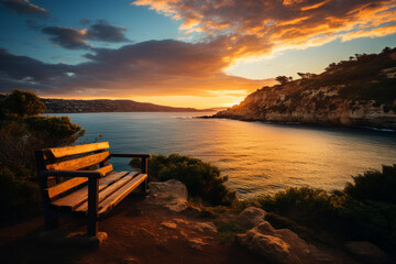A wooden bench overlooks a tranquil bay at sunset, offering a peaceful place to rest