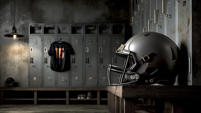 Football Locker Room with Helmet and Jersey in Industrial Setting