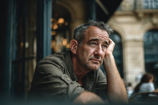 A reflective older man rests his head on his hand gazing thoughtfully away in a street cafe