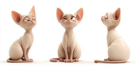 Three views of a comical Sphynx cat with expressive eyes, seated against white backdrop.