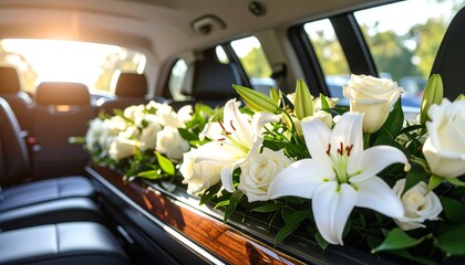 Funeral Hearse Interior with White Flowers with Bereavement, Mourning, Grief, and Remembrance.