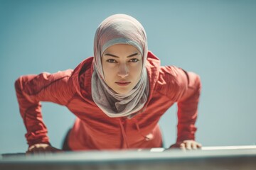 Athletic Muslim girl in hijab exercising outdoors reflecting health and fitness lifestyle