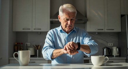 Time Check at Kitchen: An elderly man checks his smartwatch with a thoughtful expression while standing in a sunlit kitchen, coffee cups nearby.