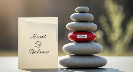 Stones stacked for balance with a card showing Heart Of Balance