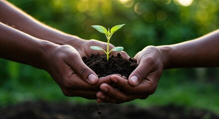 Fototapeta premium Hand Nurturing Seedling: Two hands cradle a delicate seedling sprouting from rich soil, symbolizing the care, growth, and interconnectedness of life. A moment of connection.