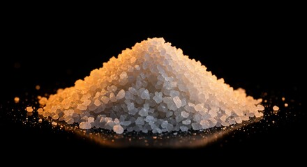 Salt crystals on black background: A close-up showcases coarse salt crystals illuminated against a stark backdrop. This image captures the purity of natural salt.
