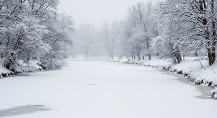 Winter Wonderland: Frozen River and Snow-Covered Trees