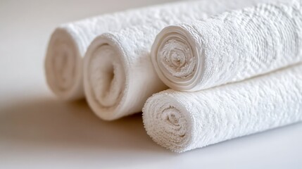 Soft Rolled White Terrycloth Towels Arranged Neatly on a Plain White Background