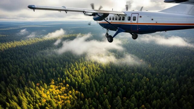airplane flies above sprawling forest its white blue and orange body with twin propellers visible Dense green trees some golden-yellow are partly obscured by clouds and sunlit mist below