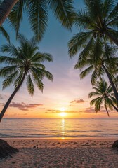 Tropical Sunset: Palm trees frame a breathtaking sunset over a tranquil ocean, painting the sky with vibrant hues and creating a sense of serenity and tropical paradise.