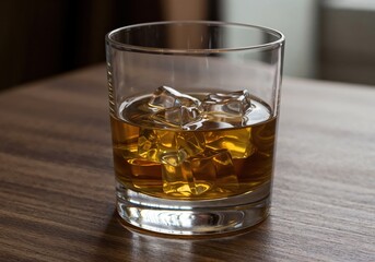 Whiskey on the Rocks: A close-up shot of a golden amber whiskey, chilling with ice cubes in a transparent glass, set atop a wooden surface.