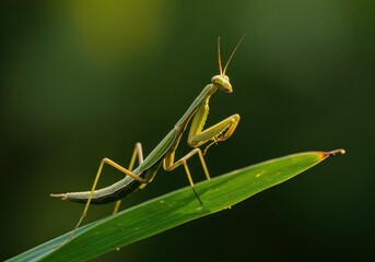 Praying Mantis on Green Leaf: A detailed view of a praying mantis, showcasing its unique structure and graceful posture on a vibrant green leaf, highlighting nature's incredible artistry.
