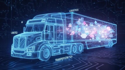 futuristic wireframe semi-truck glowing blue on circuit board highlights AI-driven logistics Its transparent trailer holds sparkling colorful geometric data advanced transportation technology - Powered by Adobe