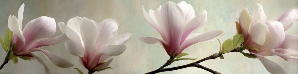 Fototapeta premium Magnolia flowers in bloom delicate blossoms against a neutral background